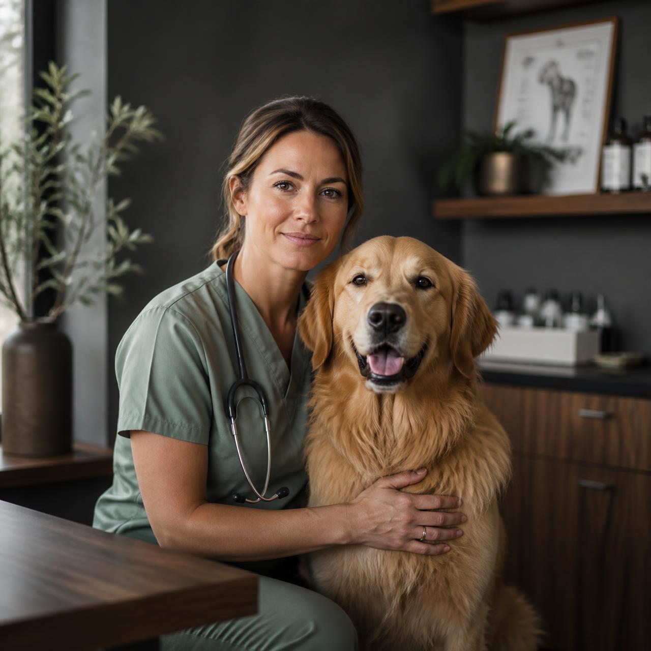 Veterinarian holding a golden puppy surrounded by holographic pet health panels